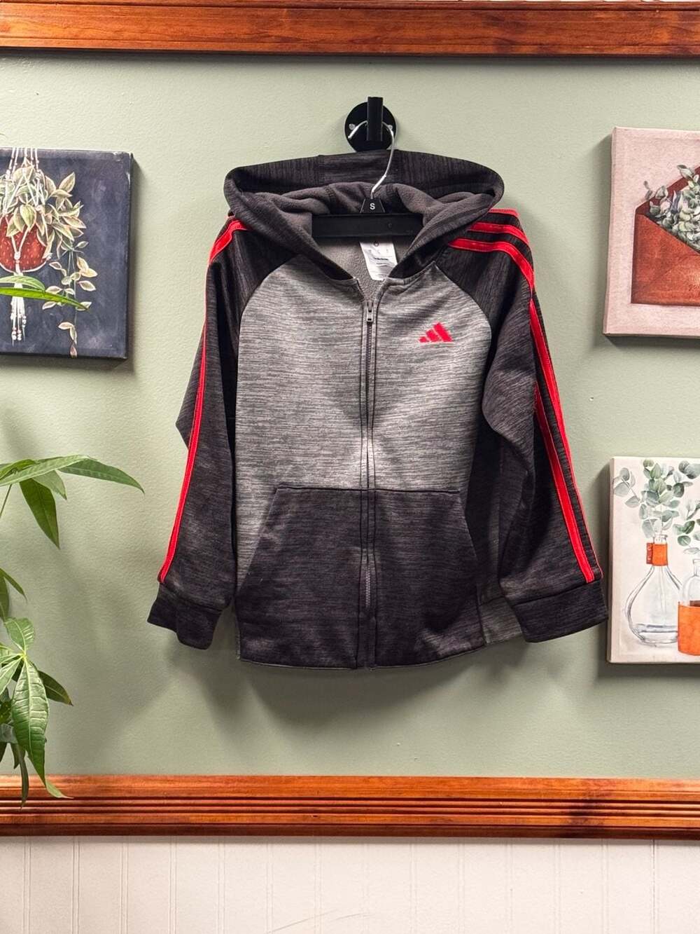 adidas Boys Melange Fleece Zip-Up Hoodie with Red Three Stripes